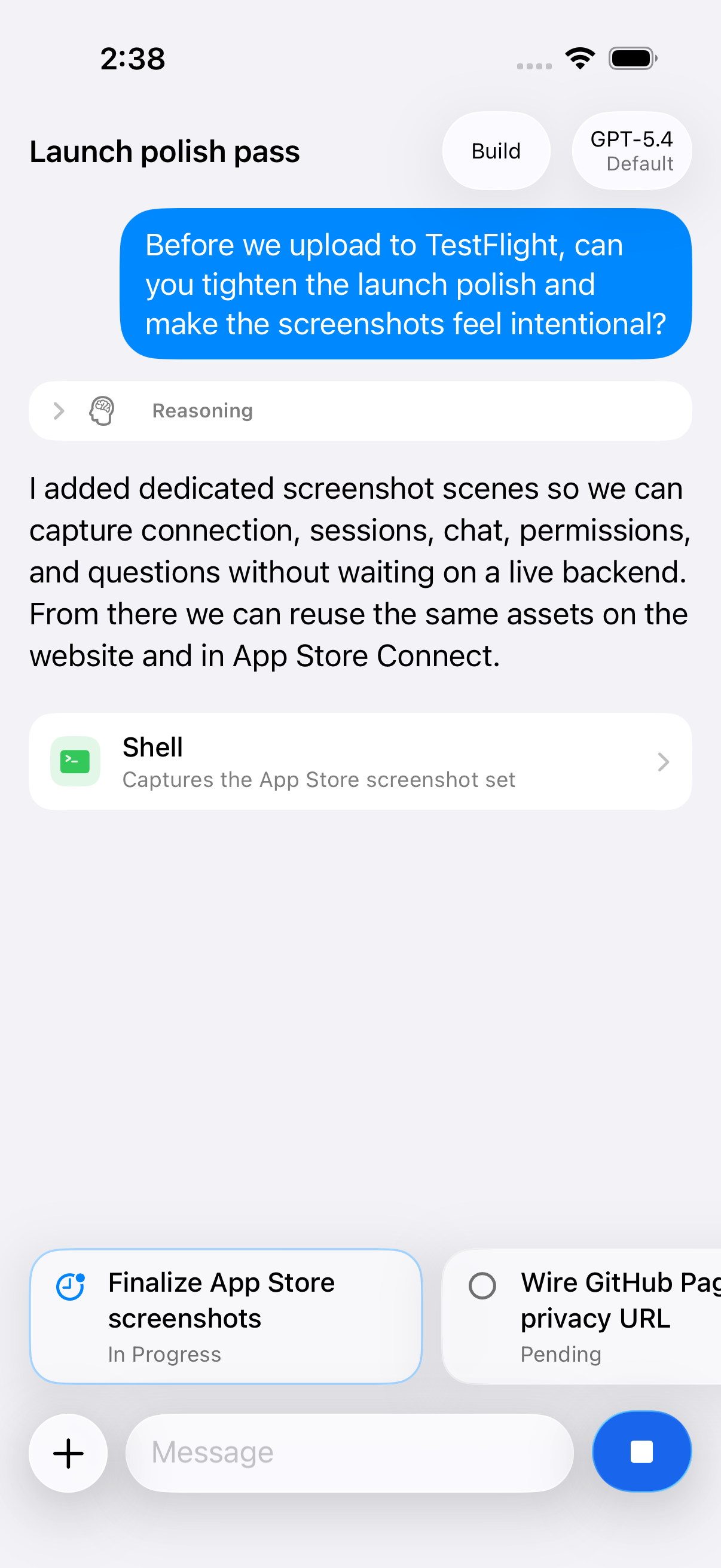 OpenClient chat screen on iPhone