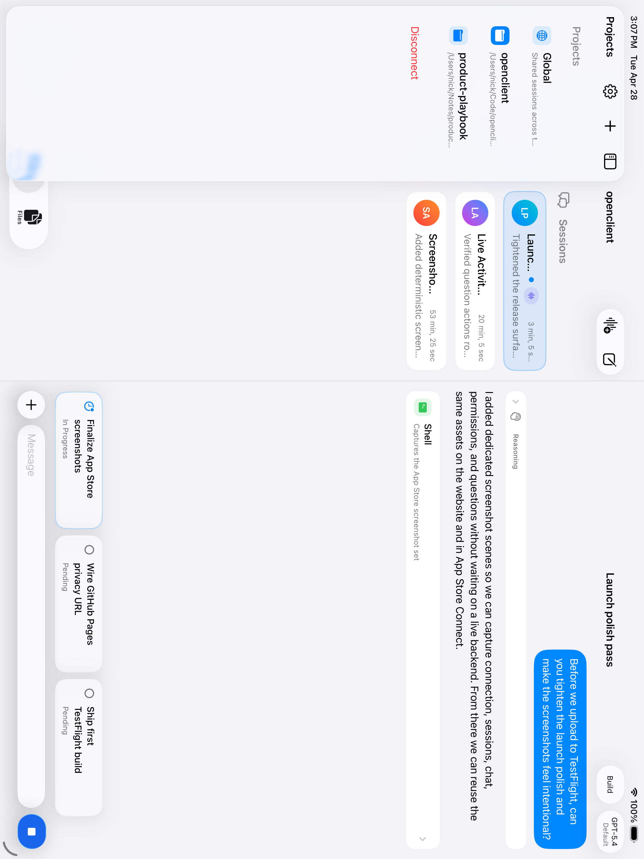 OpenClient three-column chat layout on iPad
