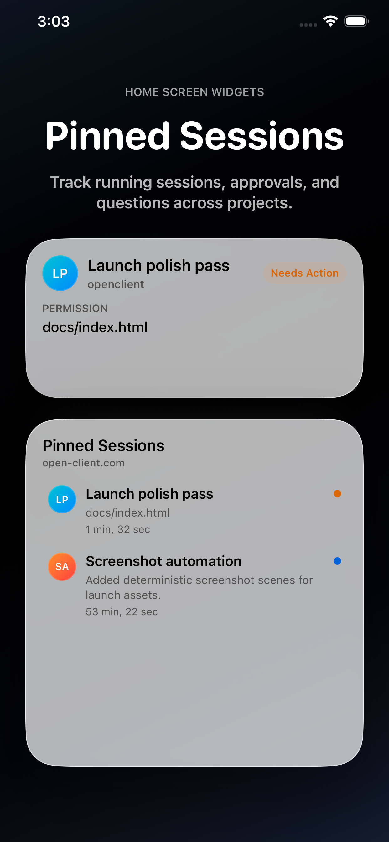 OpenClient pinned sessions widget on iPhone