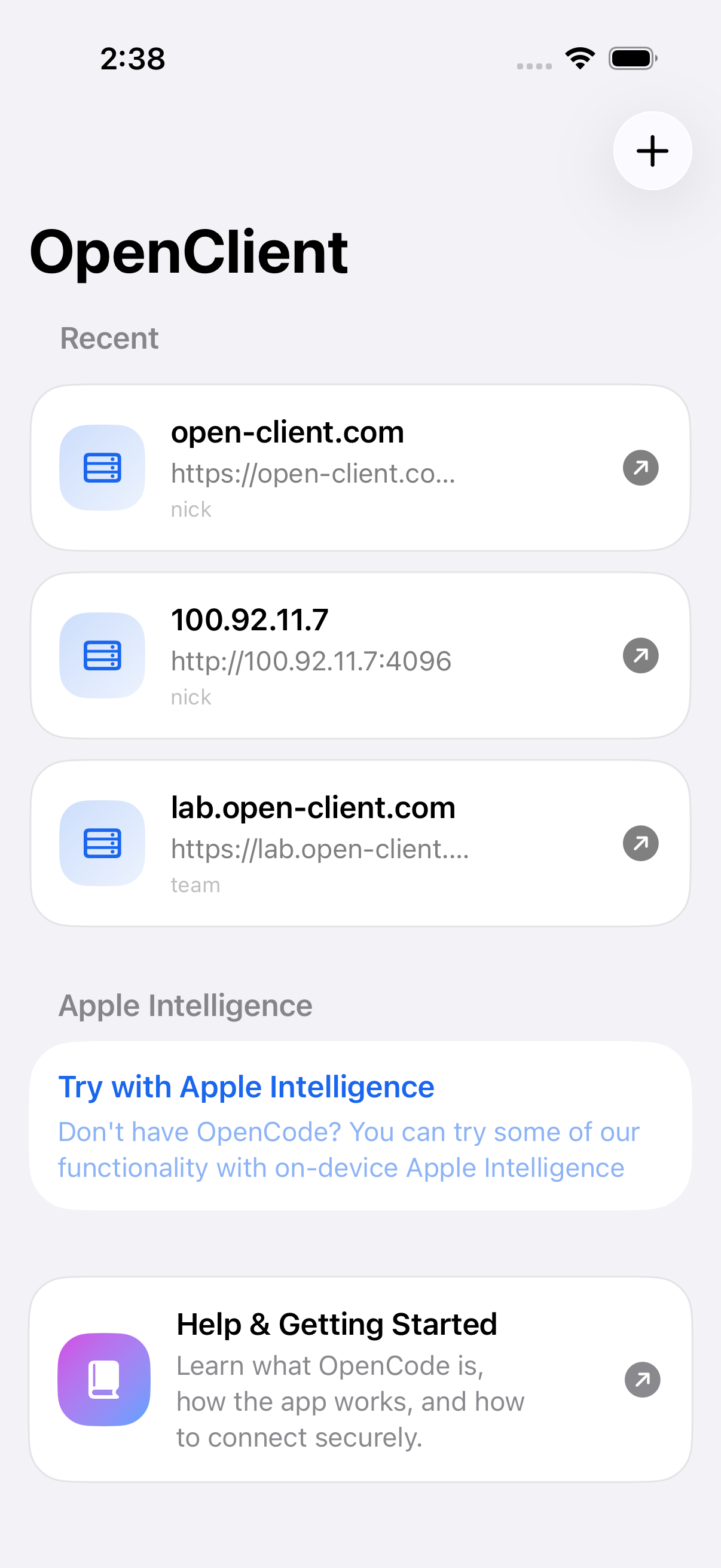 OpenClient recent servers screen on iPhone