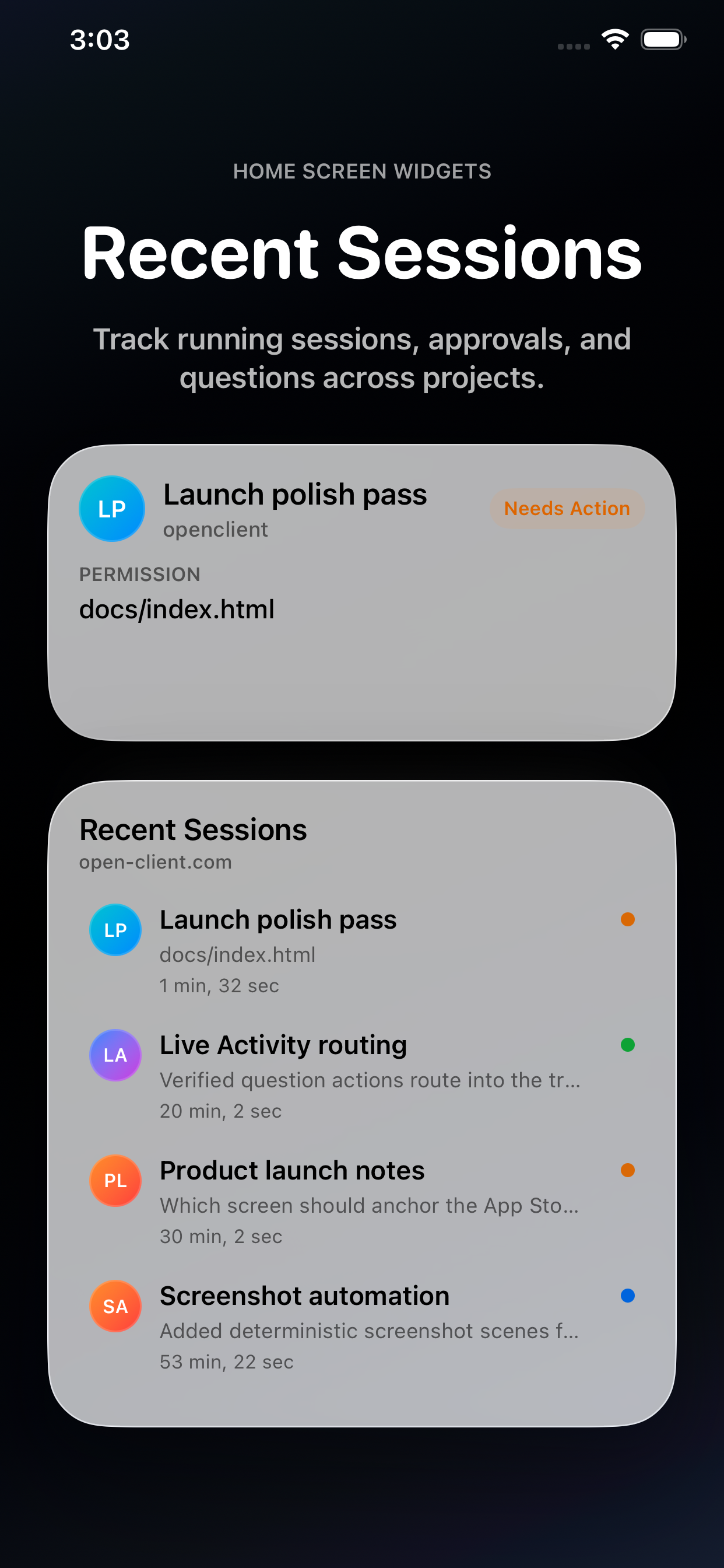 OpenClient recent sessions widget on iPhone