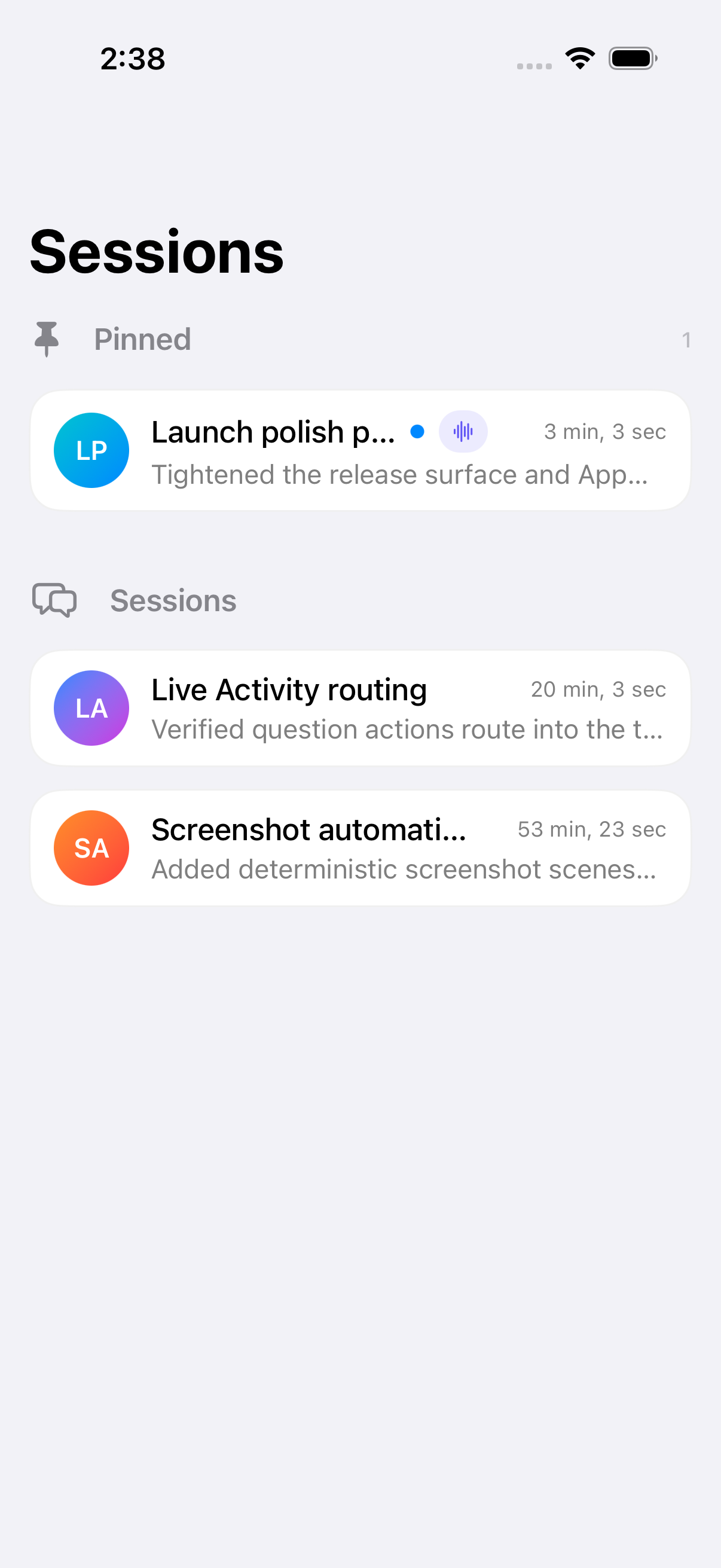 OpenClient sessions screen on iPhone